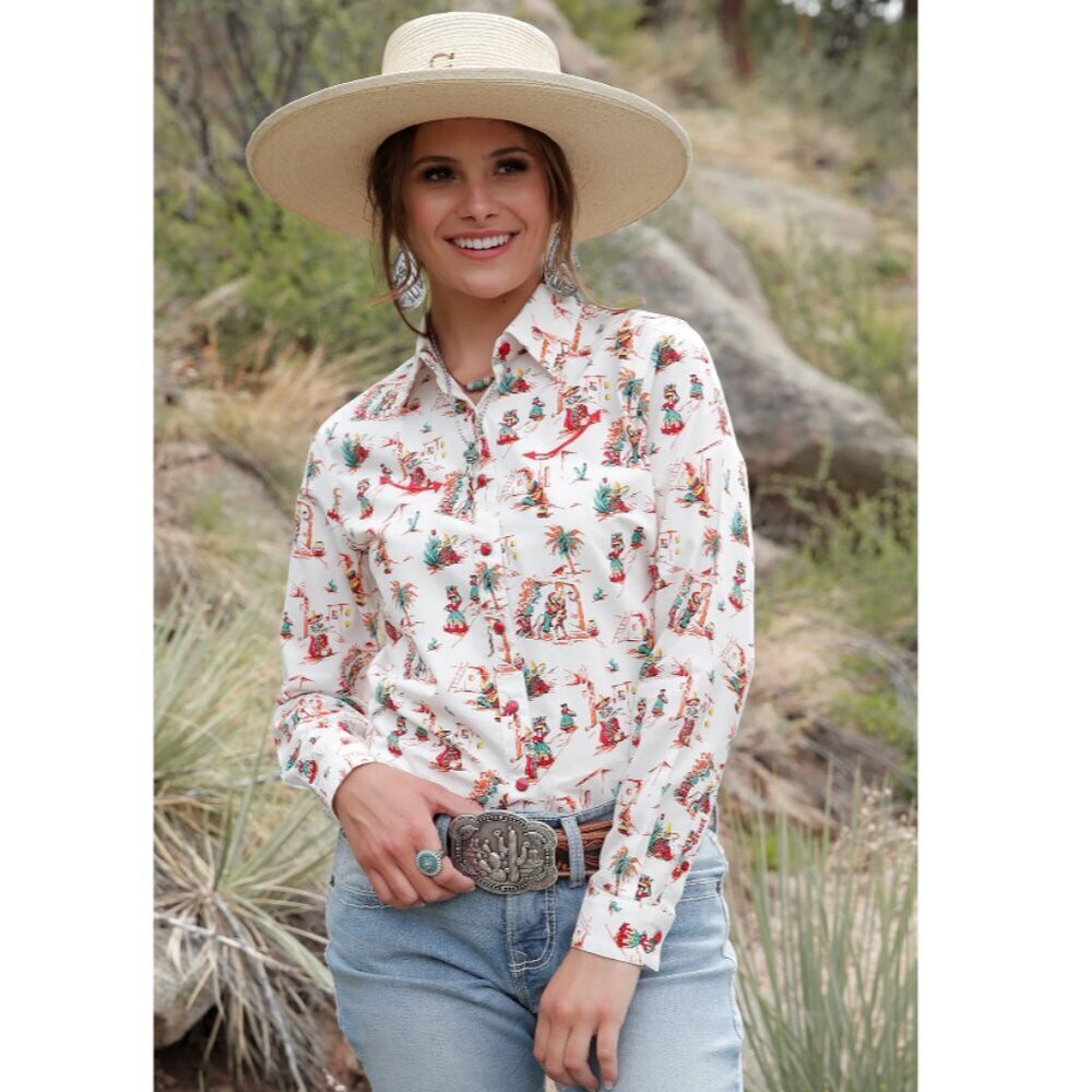 Cruel Denim Senorita‎ White Spanish Print Button Up Cowgirl Top